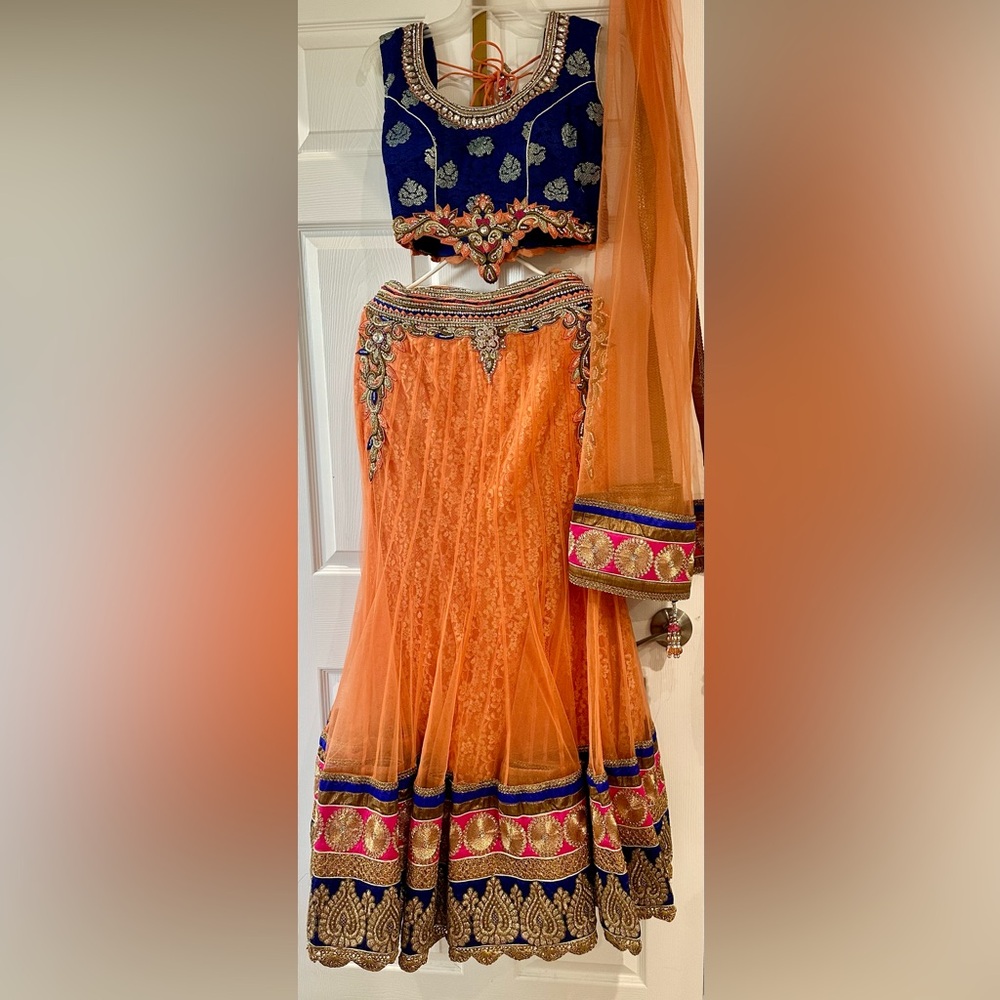Indian Bridal Lehenga Peach, Navy Blue and Rani Pink